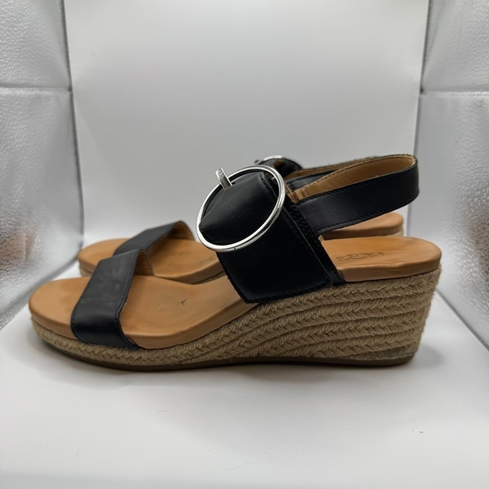 UGG April Espadrille Platform Sandals – Women's Size 7 – Black Leather – Buckle